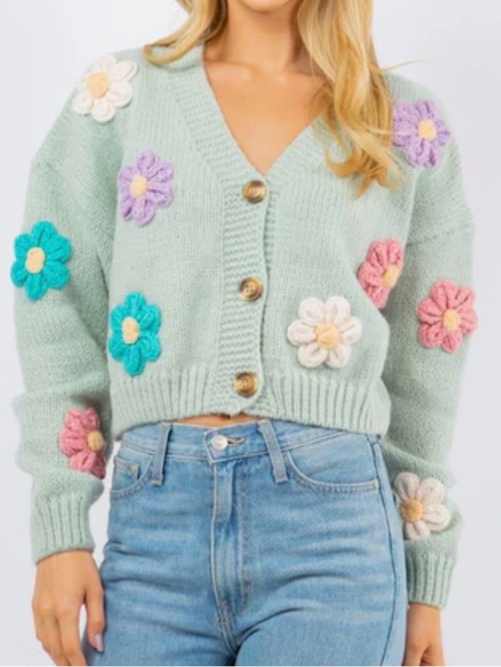 Luna Ivy Floral Appliqué Cropped V-Neck Sweater Cardigan - Mint